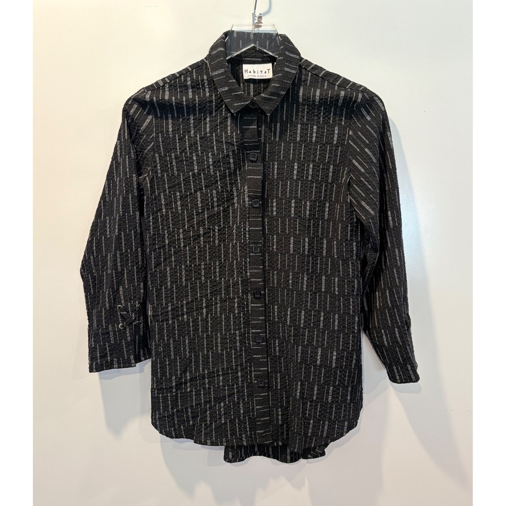 Habitat Womens Black Striped Textured Button Up Blouse Shirt Top‎ Size XS